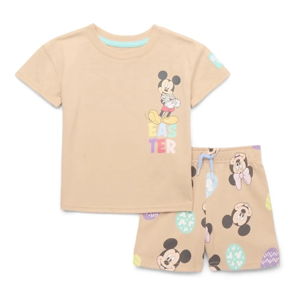 New MICKEY MOUSE KIDS TODDLERS EASTER SHIRT AND SHORT SET SUMMER Egg Minnie